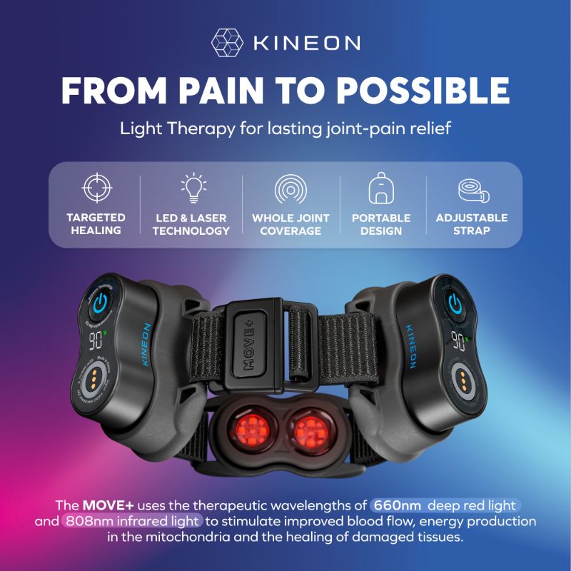 Kineon Move+ Pro advanced red light & laser therapy device designed to relieve pain, reduce inflammation, & speed recovery. UAE dubai online shopping saudi arabia qatar kuwait oman bahrain.
